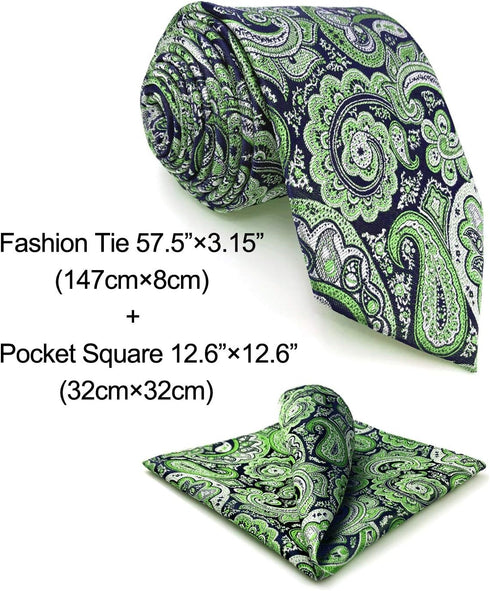 S&W SHLAX&WING Mens Ties Gray Blue Green Neckties for Men Silk Paisley Classic Size Necktie with Pocket Square Set...