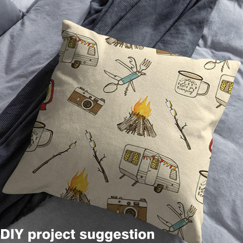 Camping Theme Fabric by The Yard Cartoon Cute Camper Camera Decorative Fabric for Kids Teens Adults Wild Rustic Jungle Adventure Style Fabric for ...