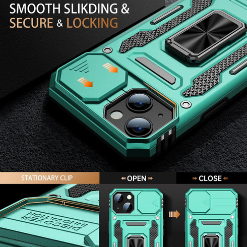 MERRO for iPhone 13 Case with Screen Protector,Sliding Camera Cover,Military-Grade Cover with Magnetic Stand Phone Case 6.1" Turquoise......