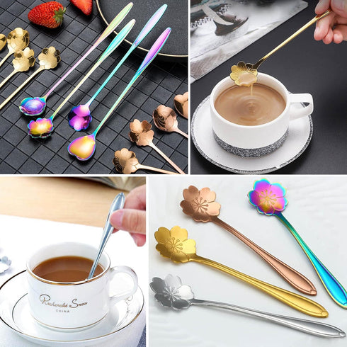 Flower Spoon Coffee Teaspoon Set, PBIEHSR Stainless Steel Tea Spoon Two Different Lengths Dessert Spoon for Stirring Drink Mixing Milkshake Jam, S...