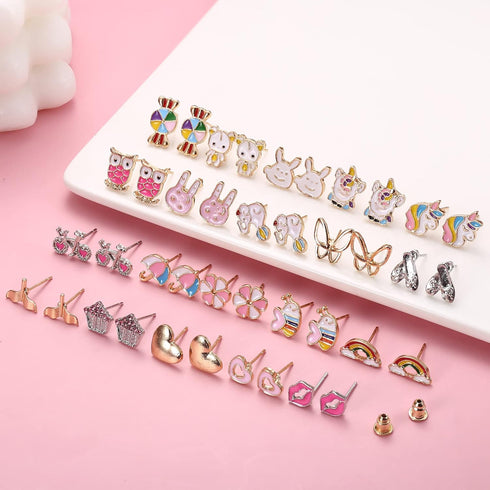 BESTEEL 63 Pairs Cute Stud Earrings for Women Sensitive Ears Studs Set With Stainless Steel Post Candy Flower Heart Animal Earrings in Vivid Color...