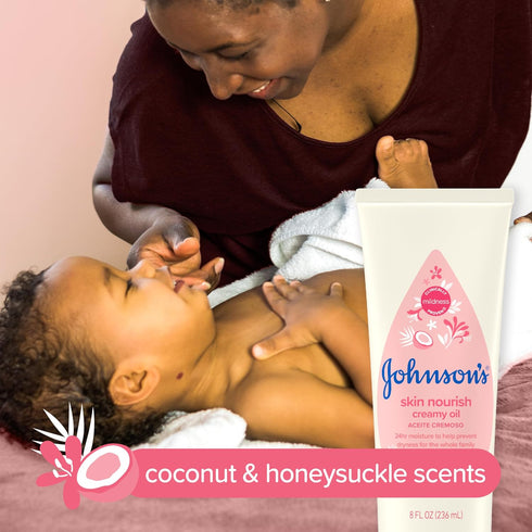Johnson's Skin Nourish Creamy Baby Oil for Dry Skin with Coconut & Honeysuckle Scent, Rich & Creamy Baby Body Oil Moisturizes for 24 Hours & Helps...