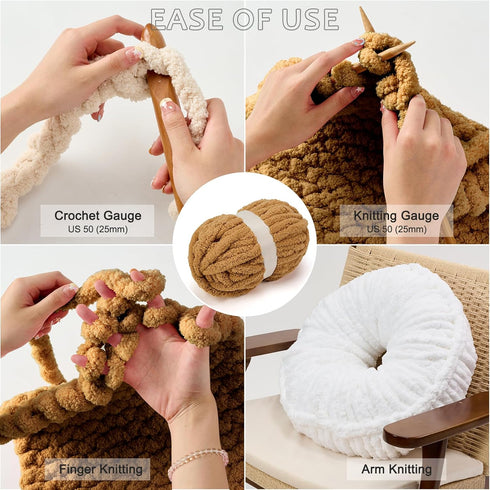 Chenille Chunky Yarn Super Bulky Soft Thick Fluffy Jumbo Giant Washable Polyester Big Yarn DIY for Arm Knit Blanket Cushion Bed Sofa Home Decor,Kh...