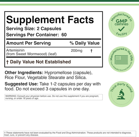 Artemisinin (Sweet Wormwood Cleanse)(Artemisia Annua) 200mg Per Serving, 120 Capsules (Two Month Supply) Vegan Safe, Non-GMO, Gluten Free (Immune ...