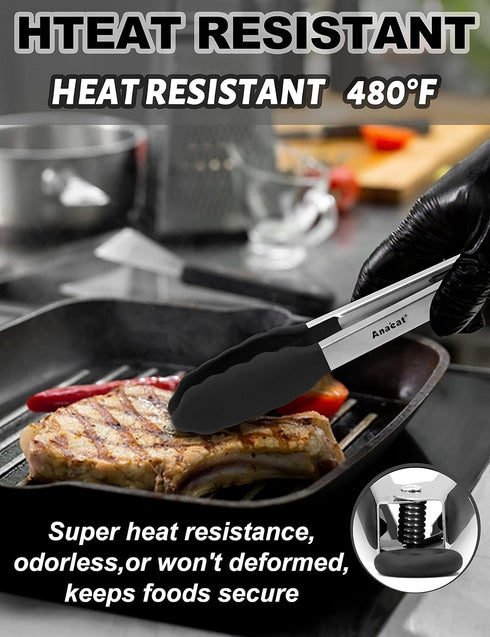 Anaeat Non-Stick Silicone Locking Tong Set of 2 - Stainless Steel 9" and 12" Kitchen Food Tongs with Non-Slip Silicone Tips and Grip for Cooking, ...