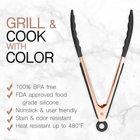 COOK WITH COLOR Stainless Steel Silicone Tipped Kitchen Food BBQ and Cooking Tongs Set of Two 9” and 12” for Non Stick Cookware, BPA Fee, Stylish,...