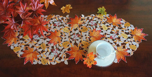 GRANDDECO Thanksgiving Harvest Table Runner Embroidered Cutwork Maple Leaves Dresser Scarf Table Cover Autumn Or Fall Decorations (Table Runner 13...