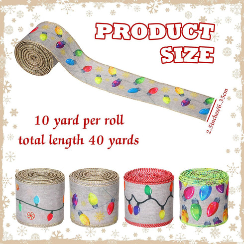 Ceenna 40 Yard Christmas Ribbon Lights Edge Wired 2.5 Inch 4 Rolls Christmas Ribbon Elegant Christmas Tree Ribbon for Gift Wrapping Home Decor Xma...