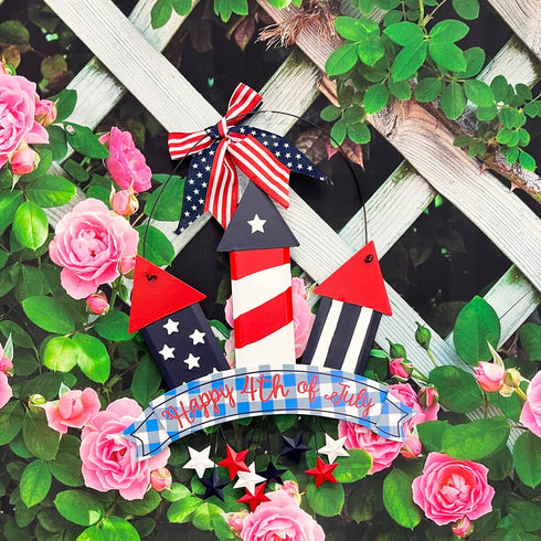 Metal Hanging Americana Fireworks Sign Patriotic Wall Decor American Flag Hanging Metal Star Wreath 4th July Garden Yard Signs Independence Day In...
