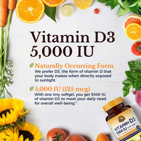 VITALITOWN Vitamin D3 5000 IU (125 mcg), Supports Bone, Immune, Teeth, Muscle & Nerve Health, D3 Vitamin, Easy-to-Swallow, Vegetarian, 360 Softgel...