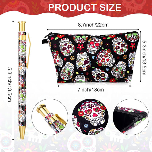 12 Pcs Sugar Skull Pens with Pencil Case Ballpoint Pens Retractable Click Ball Pens Sugar Skull Gifts Skull Pouch with Zipper for Cinco de Mayo Ch...