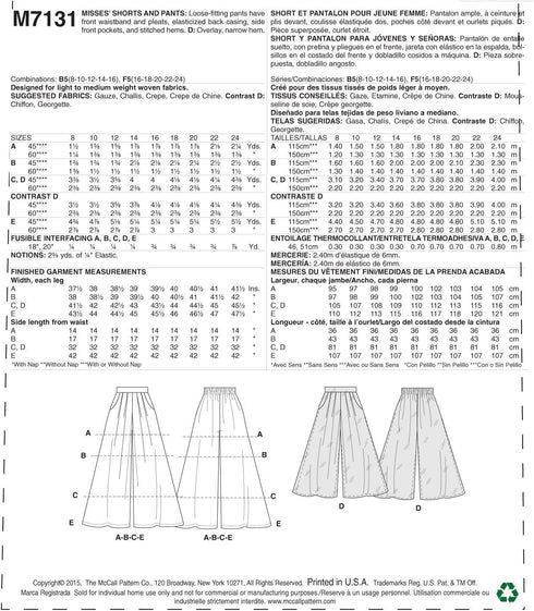 McCall's Patterns M7131 Misses' Shorts & Pants, Size F5 (16-18-20-22-24)...
