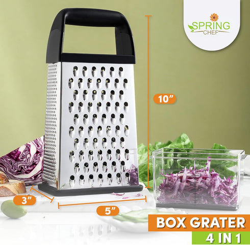 Spring Chef Professional 10" Parmesan Cheese Grater With Container, Stainless Steel & Soft Grip Handle, 4 Sided Kitchen Cheese Shredder, Handheld ...