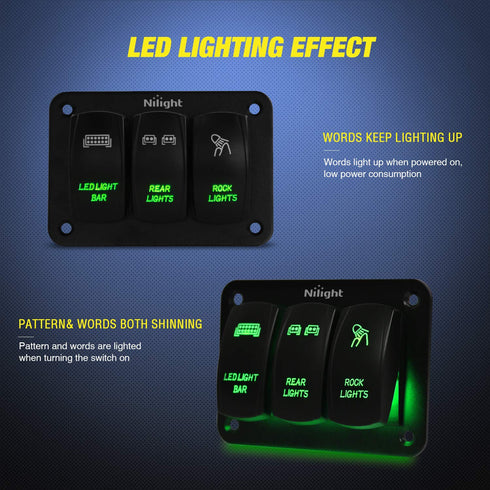 Nilight 3 Gang Rocker Switch Panel Aluminum 5 Pin ON Off Toggle LED Light Bar SPST 12V-24V Green Switches for Marine Boats,Cars,ATVs,UTVs...