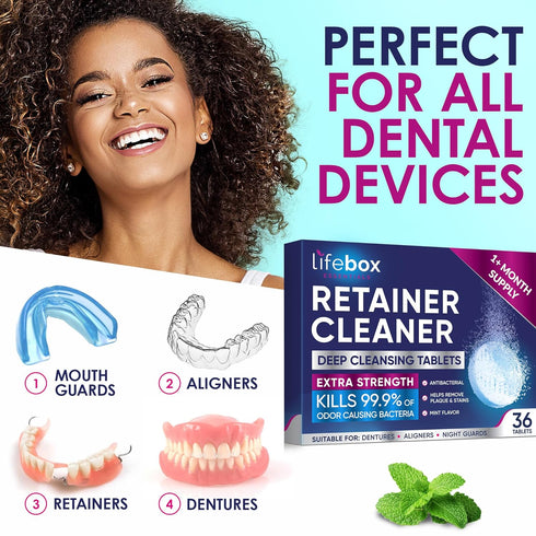 Retainer Cleaner Tablets, Denture Cleaning Tablets, & Aligner Cleaner - Removes Odors & Kills 99.9% of Bacteria & Stains – For Aligners, Retainers...