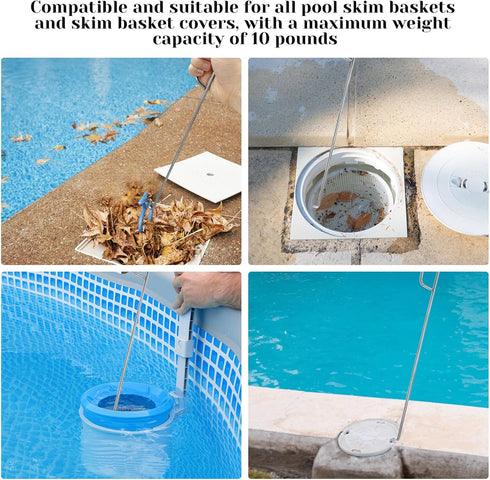 Pool Skimmer Basket Hook Tool, Swimming Pool Skimmer Basket Handle 14.6? Longer Skimmer Lid Lifting Hook Stainless Steel Skimmer Basket & Lid Remo...