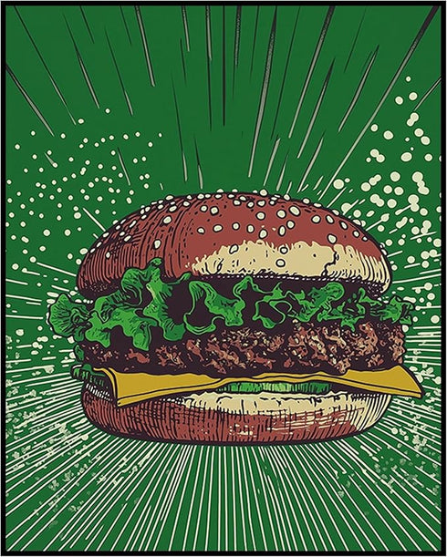 Posterizer 1 pcs-A juicy colorful hamburger-comic book inspired food art -1-Kitchen & Bar Art Art for Cafe, Restaurant, Coffee Bar - unframed wal...