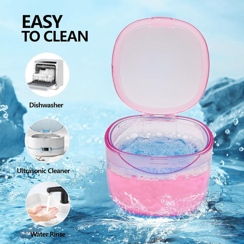 Travel Denture Case Denture Soaking Container with Brush, Denture Cleaning Case Retainer Bath Box Case False Teeth Container - Leak Proof & Lid Wa...