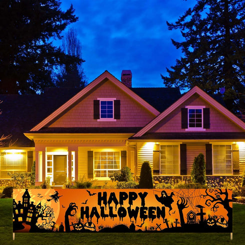 Avezano Happy Halloween Banner Large 98.4 x19.6 Inch Yard Sign Banner Black and Orange Halloween Party Decorations Welcome Hanging Flag Outdoor Fe...