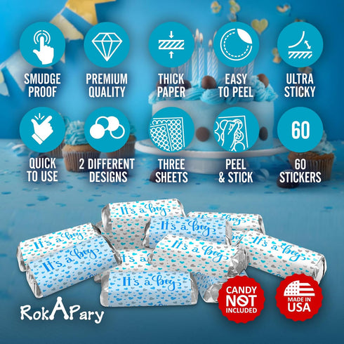 60 It's a Boy Blue Baby Shower Miniatures Candy Bar Wrapper and Stickers Decorations, Made in USA (Candy Not Included)...