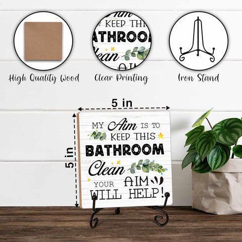 Bathroom Decor Wood Sign, My Aim Is To Keep This Bathroom Clean Wood Block, 5x5 Inch Wood Sign Comes With Iron Stand, Perfect For Home Bathroom To...