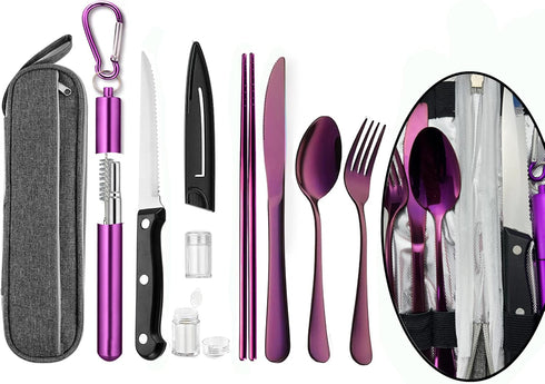 Portable Travel Reusable Utensils Silverware with Case,Travel Camping Cutlery set,Chopsticks and Straw Flatware, Stainless steel Travel Utensil se...