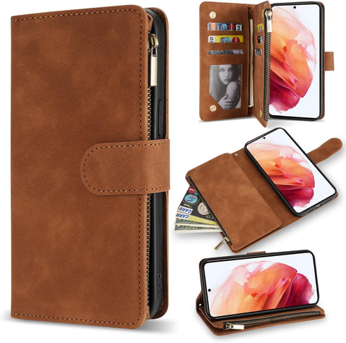 ZZXX for Samsung Galaxy S21 Wallet Case with Card Slot Premium Soft PU Leather Zipper Flip Folio Wallet with Wrist Strap Kickstand Protective for ...