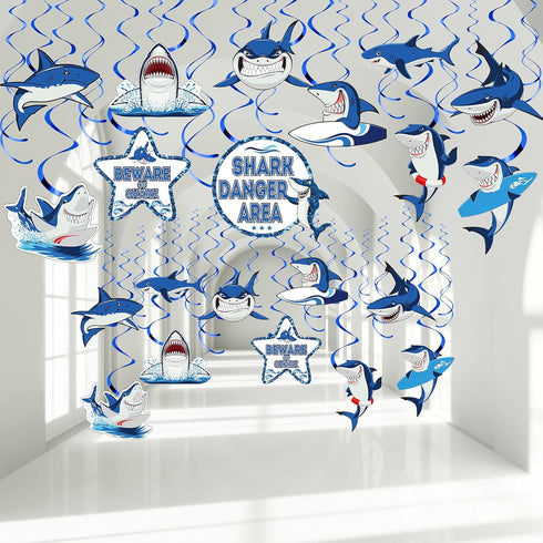Censen 30 Pieces Shark Hanging Swirls Decorations Shark Party Supplies Ocean Sea Foil Swirls Hanging Ceiling Decoration for Sea Theme Baby Shower ...