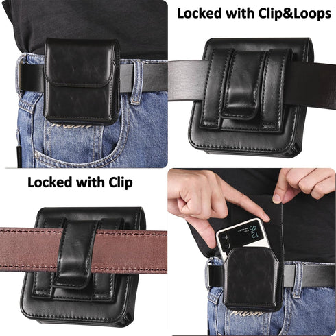 for Samsung Galaxy Z Flip 5/4/3 Phone Pouch Holster Belt Case, Leather Pouch with Belt Clip for Phone Holster Case for Motorola Razr Plus, Moto Ra...