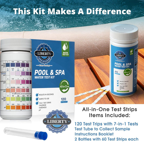 Liberty Gold Standard© Water Test Strips (121-Piece Kit) All-in-One Testing for Pools & Spas, Hot Tubs - Test Chlorine, pH, Hard Water Hardness Te...