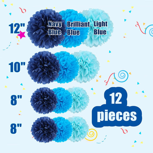 12 Pcs Tissue Pom Poms Kit, Tissue Paper Flowers for Birthday, Boy Baby Shower, Nursery, Graduation, Bachelorette Party Decoration (Blue Mix)...