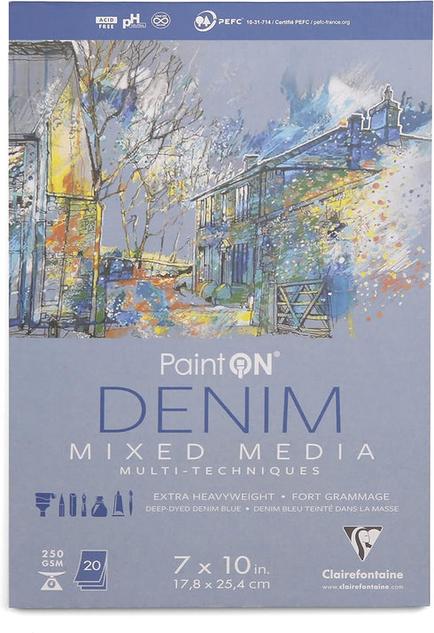 Clairefontaine - Ref 975384C - Paint'ON Mixed Media Denim Glued Pad (20 Detachable Sheets) - 17.8 x 25.4cm (7 x 10in), 250gsm Heavyweight Paper (U...