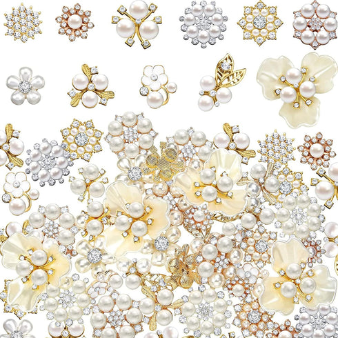 66 Pieces Craft Pearl Crystal Rhinestone Buttons Flower Faux Pearl Bouquet Embellishments for Crafting Flat Back Decorative Button DIY Jewelry Mak...