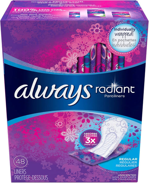 Always Radiant Pantiliners, Regular, Unscented, 48 Liners (Pack of 2)...