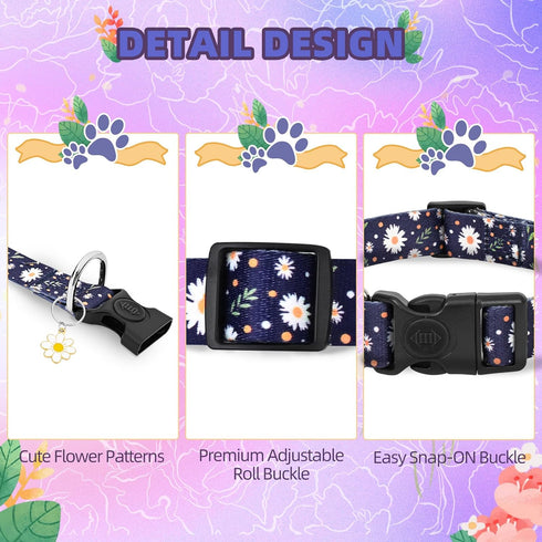 Blue Daisy Dog Collar, Wonderful Pet Gift Collar with Cute Pendants, Adjustable Dog Collar for Small Medium Large Dogs, Flower Dog Collar for Male...