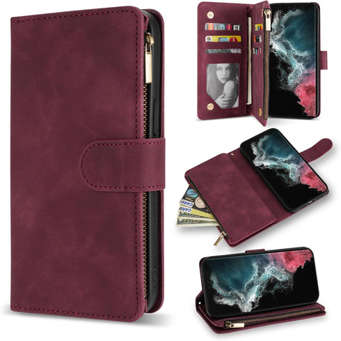 ZZXX Samsung Galaxy S22 Ultra Case Wallet with Card Slot Premium Soft PU Leather Zipper Flip Folio with Wrist Strap Kickstand Protective Cover for...