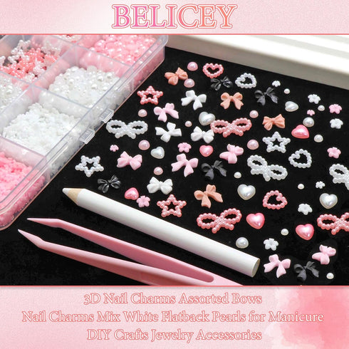 BELICEY 3D Bow Nail Charms 600PCS Flowers Nail Charm Pink&White Flatback Pearls Beads Star Heart Bowknot Cute Nail Charms Nail Supplies Accessorie...