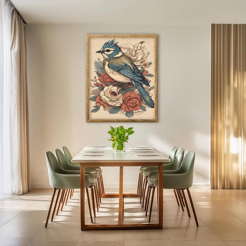 Posterizer 1 pcs- Blue bird standing on red and white flowers-Art for Animal Lovers-Floral Botanical Art- Gift for Men Women Teens-Decor for Home...