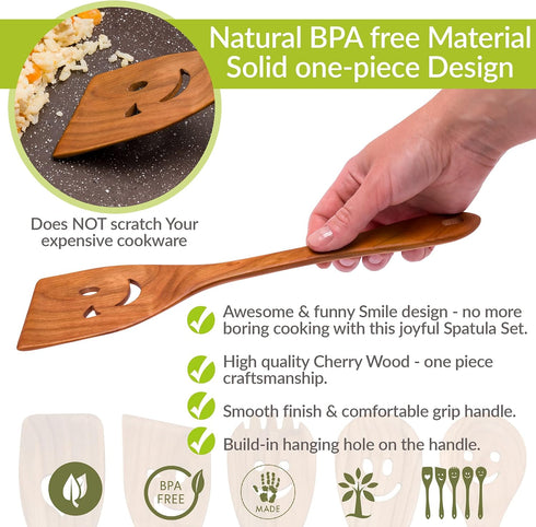 MFC 5-Piece Wooden Cooking Spoons - Kitchen Spatula Set from Natural Cherry Wood - Wooden Spoons for Cooking - Funny Utensil Set with Smiley Faces...
