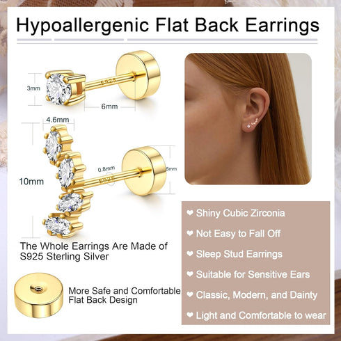 2 Pairs 925 Sterling Silver Flat Back Earrings for Women Dainty Gold CZ Flatback Cartilage Earring Small Helix Tragus Multiple Piercing Jewelry...