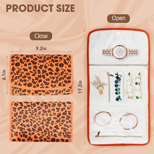 Foldable Leopard Travel Jewelry Bag Organizer Jewelry Storage Roll for Earrings,Necklaces,Rings,Bracelets,Brooches...