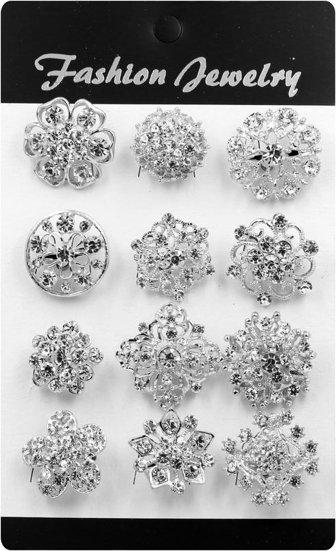 Brooches and Pins for Women, Lot 24pc Silver Color Clear Rhinestone Crystal Flower Brooch Pin DIY Wedding Bouquet Broaches Set...