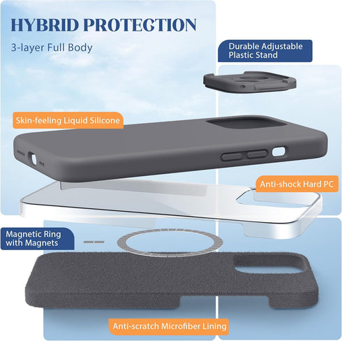 pcgaga Designed for iPhone 15 Case and Screen Protector, Silicone Phone Cover with MagSafe, Invisible Stand, Shockproof Full Body Protection with ...