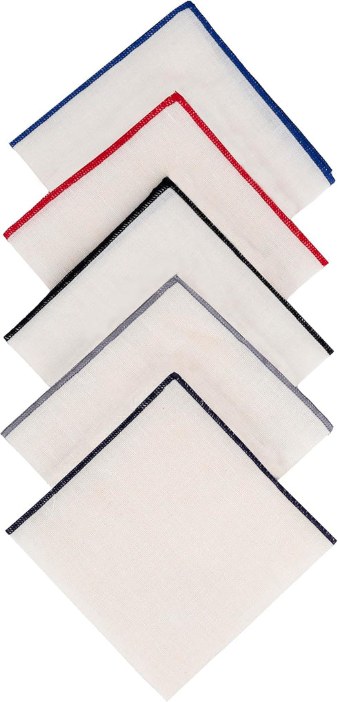 Men's Linen Pocket Square Solid White with Embroidered Edge Premium Cotton Pocket Squares (Violet, Black, Umber, Red, Navy blue)...