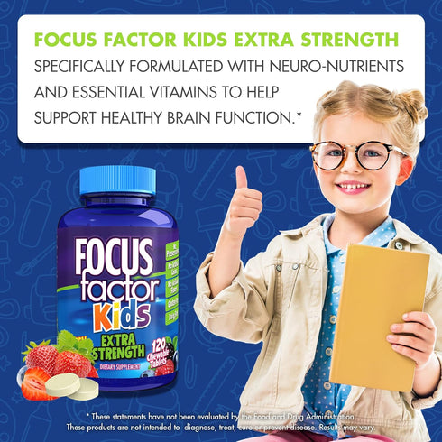 Focus Factor Kids Extra Strength Daily Chewable for Brain Health Support, 120 Count – Vitamins - Quality Formula – Gluten & Dairy Free Supplements...