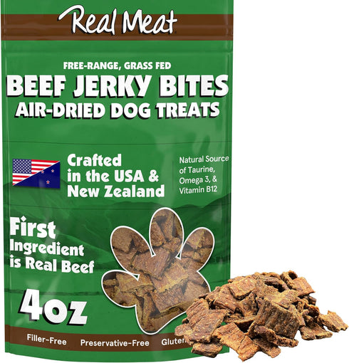 Real Meat Dog Treats - 4oz Bag of Bite-Sized Air-Dried Beef Jerky for Dogs - Grain-Free Jerky Dog Treats Made up of 95% Human-Grade, Free-Range, G...