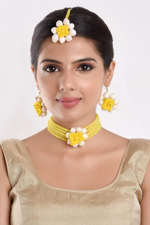 Efulgenz Handmade Floral Beaded Yellow Faux Pearl Flower Jewelry Set Choker Neckalce with Maang Tikka Earrings Indian Jewelry for Women for Haldi ...