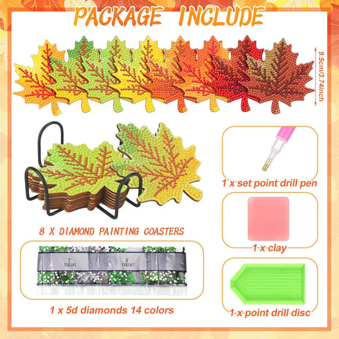 Shellwei 8 Pcs Fall Diamond Art Coasters Maple Leaves Diamond Painting Coasters with Holder Thanksgiving Diamond Painting Kit Orange Autumn Diamon...