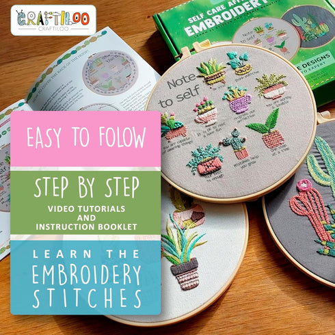 CRAFTILOO Learn The Stitches Cactus Self Care Embroidery kit for Beginners with Stamped Embroidery Patterns Starter Kit. Needlepoint Cross Stitch ...