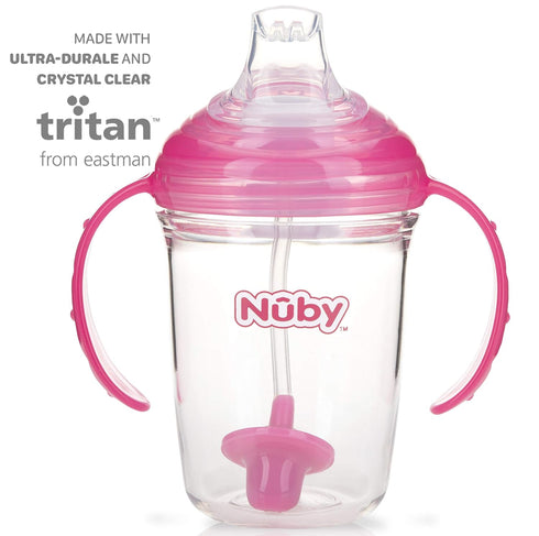Nuby 360 Grip N' Sip 8oz Tritan Cup, Weighted Straw with Hygienic Cover, Pink...